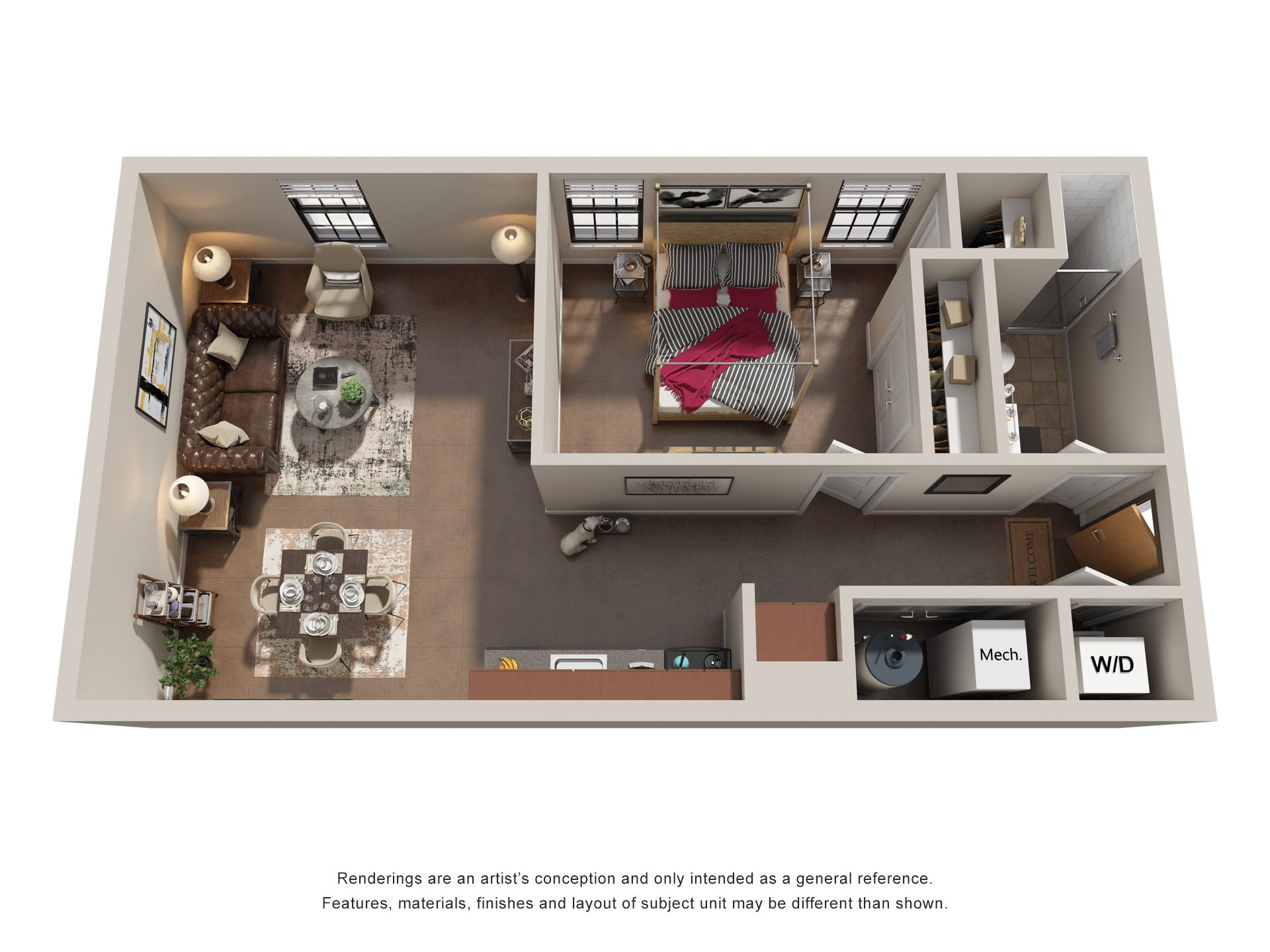Floor plan for 1 bed, 1 bath, 661 sqft